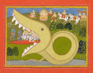 Krishna en de herders betreden de mond van Agasura