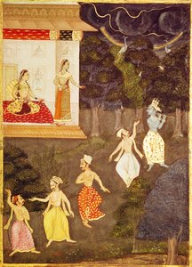 Krishna die de fluit speelt gevolgd door vier dansers, Rajasthan