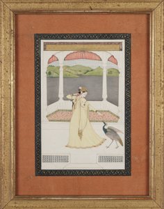 Dame die een pauw lokt met een parelketting, c.1800 door Indian School
