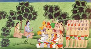 Lakshmana raadpleegt de hoofden van de apenlegers, uit de Ramayana door Indian School