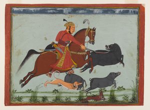 Maharaja Pratap Singh II van Mewar op Zwijnenjacht door Indian School