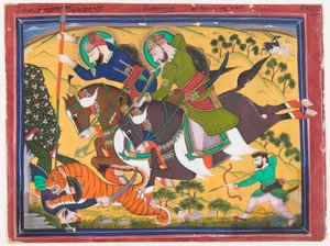 Maharaja Ram Singh jaagt op een tijger, tweede kwart van de 19e eeuw door Indian School