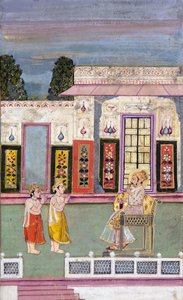 Maharaja Sawai Jai Singh begroet door twee gekroonde mannen door Indian School