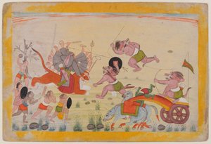 Mahasura valt de Devi aan, folio uit een verspreide Devi Mahatmya-serie door Indian School