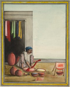 Man verft doek, begin jaren 1830 (inkt en kleur op papier)