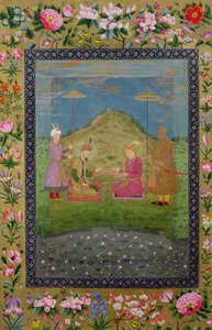 Ms E-14 Humayun (1508-56) en Akbar (1542-1605) met een vizier, uit een Moraqqa