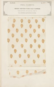 Mousselinemonster bedrukt met gouden bloemen uit Jeypore in Rajpootana, uit The Collection of the Textile Manufacturers of India, door John Forbes Watson, gepubliceerd in 1866