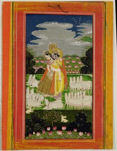 Radha en Krishna omarmen elkaar in een geïdealiseerd landschap met koeien, c.1780 door Indian School