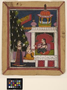 ? Raga: Een knielende man biedt een boek aan een dame in een paviljoen, ca. 1800 door Indian School