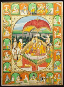 Rama en Sita op de troon, aanbeden door Shiva, Hanuman en anderen, 1800-20 door Indian School