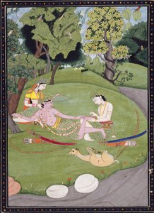 Rama leunt tegen Sita, terwijl zijn broer Laksman een doorn uit zijn voet trekt, 1845