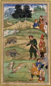 Salim, met zijn geweer, wijst naar een dode nilgai, c.1600
