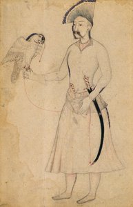 Shah Abbas I van Perzië (1588-1629) met een valk, naar een origineel uit het begin van de 17e eeuw, Mughal (penseeltekening op papier) door Indian School