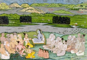 Shri Sukdevji predikt voor een menigte Sadhus, Rajasthan, c.1757 door Indian School