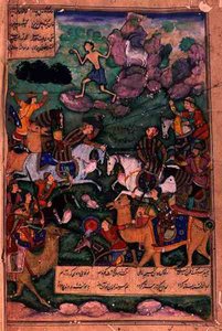 De Slag der Clans, folio 15b uit het gedicht Layla en Majnun, geschreven door Amir Khusrau Dihlavi (1253-1325) gebaseerd op het verhaal uit de Khamsa (Quintet) door Nizami, Mughal, 1600 door Indian School