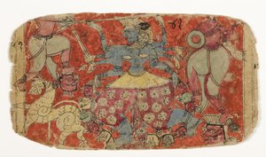 De godin Kali vecht tegen demonen, uit Durga die de demonen Shambha en Nishumbha aanvalt door Indian School