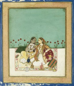 Twee vrouwen op een terras, na 1700 (dekkende wc en goud op papier) door Indian School
