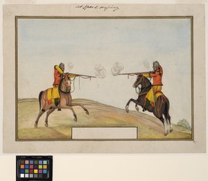Twee bereden soldaten wisselen geweervuur uit, c.1830