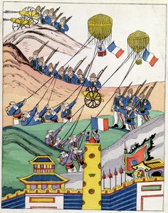 Poster met Franse troepen die gevangen ballonnen gebruiken tijdens de verovering van Tonkin, 1884