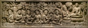 Arada Kalama geeft zijn onderricht aan de toekomstige Boeddha. Indonesië, Java, Borobudur. Eind 19e eeuw door Indonesian School