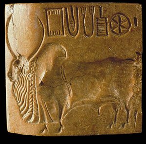 Zebu stier zegel met Indus schrift gevonden in Mohenjo Daro, Indusvallei, 3e millennium v.Chr. door Indus Valley Civilisation.