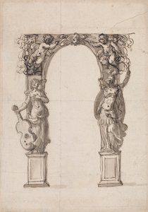Ontwerp voor een tijdelijke boog versierd met putti en allegorische figuren van muziek en oorlog door Inigo Jones
