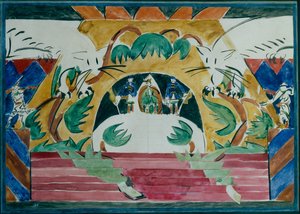 Toneelontwerp voor het toneelstuk Tsaar Maksemyan door A. Remizov, 1909