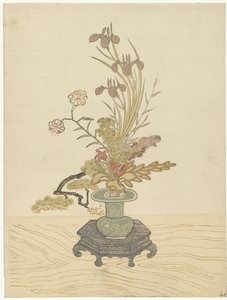 Ikebana bloemstuk in groene vaas door Ippitsusai Bunchô (manner of)