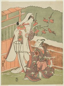 Acteurs Arashi Sangorō II als Minamoto no Yoritomo en Segawa Kikunojō II als de Sneeuwvrouw in "Katoenwatten van Izu Beschermt de Huwelijkse Chrysanten" door Ippitsusai Bunchō