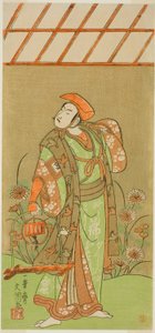De acteur Ichikawa Komazo II als Soga no Juro Sukenari vermomd als vossenjager in het stuk Kagami-ga-ike Omokage Soga, uitgevoerd in het Nakamura Theater in de eerste maand, 1770
