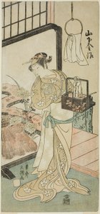 De acteur Yamashita Kinsaku II als Oume, vrouw van Kisaku, in het stuk Nue no Mori Ichiyo no Mato, uitgevoerd in het Nakamura Theater in de elfde maand, 1770 door Ippitsusai Bunchō
