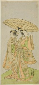 De acteurs Ichikawa Komazo II als Chunagon Yukihira (rechts), en Iwai Hanshiro IV als Murasame (links), in het stuk Kuni no Hana Ono no Itsumoji, uitgevoerd in het Nakamura Theater in de elfde maand, 1771