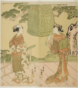 De Acteurs Ichimura Uzaemon IX als Shume no Hangan Morihisa (rechts), en Sanogawa Ichimatsu II als Chujo (links), in het stuk Edo no Hana Wakayagi Soga, opgevoerd in het Ichimura Theater in de tweede maand, 1769 door Ippitsusai Bunchō