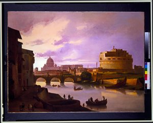 Uitzicht op Castel Sant Angelo vanaf de Tiber met St. Pieter op de achtergrond, uitzicht op het Colosseum
