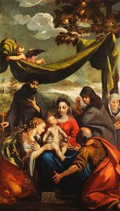 De Madonna en Kind met heiligen Maria Magdalena, Petrus, Clara en Franciscus en een portret van de abdis door Ippolito Scarsella