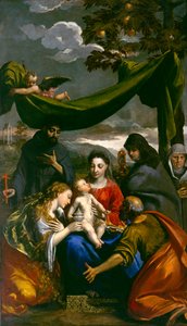 Maagd en Kind met Heiligen Maria Magdalena, Petrus, Clara, Franciscus en een Abdis, c.1600 door Ippolito Scarsella