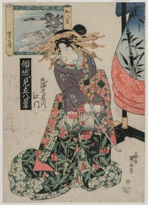 De courtisane Emon van Maruebiya met een uitzicht op Tago Bay..., ca. late 1820s of vroege 1830s door Ipposai Kuniyasu