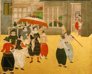 Details van het Namban byobu-scherm dat Portugese handelaren toont die Japan bezoeken tijdens de Momoyama-periode, 2005 (foto) door Ira Block