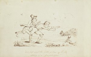 Over Pop Ging de Kleine Kerel met de Sprong van een Sprinkhaan, boekillustratie die Twee Ieren Achtervolgen een Leprechaun toont, 19e eeuw door Irish School