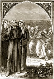 St. Columba zingt en wordt aangevallen door de Druïden, uit The Trias Thaumaturga, of Three Wonder-Working Saints of Ireland, door Mary Cusack, gepubliceerd ca. 1890s