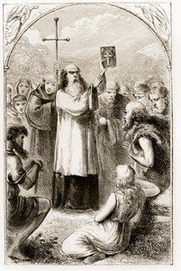 St. Patrick toont de mensen van Ierland de vier evangeliën, uit The Trias Thaumaturga, of Three Wonder-Working Saints of Ireland, door Mary Cusack, gepubliceerd ca. 1890s door Irish School