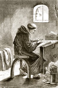 St. Vincent schrijft in zijn cel in Ferins, uit The Trias Thaumaturga, of Three Wonder-Working Saints of Ireland, door Mary Cusack, gepubliceerd ca. 1890s