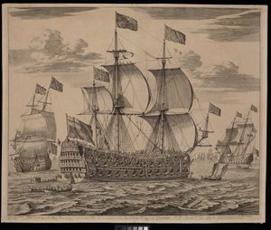 De Victory, een eersteklas schip met achthonderd man en honderdvier kanonnen, gebouwd door Mr. Lee uit Chatham (gravure)