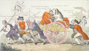 De reis van het gemeentelijke varken naar Smithfield in stijl of wethouders werden varkensshowmannen door Isaac Cruikshank