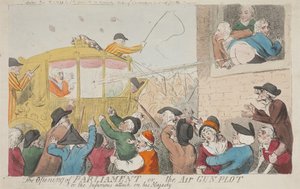 Die Eröffnung des Parlaments oder das Luftgewehr-Komplott oder der berüchtigte Angriff auf Seine Majestät door Isaac Cruikshank