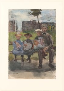 Een man met drie meisjes op een bank in het Oosterpark in Amsterdam door Isaac Israels