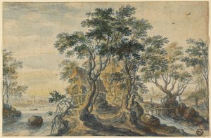 Rivierlandschap met huis op een rotsachtig eiland