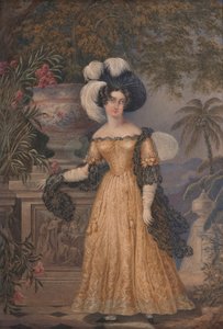 Lady Rowe, staand klein op een terras, een Jamaicaans landschap bij maanlicht op de achtergrond