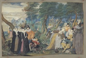 Een feest in de open lucht. Allegorie op echtelijke liefde door Isaac Oliver I