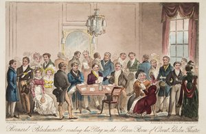 Bernard Blackmantle leest zijn toneelstuk in de Groene Kamer van het Covent Garden Theatre, uit The English Spy, gepubliceerd 1824 door Isaac Robert Cruikshank